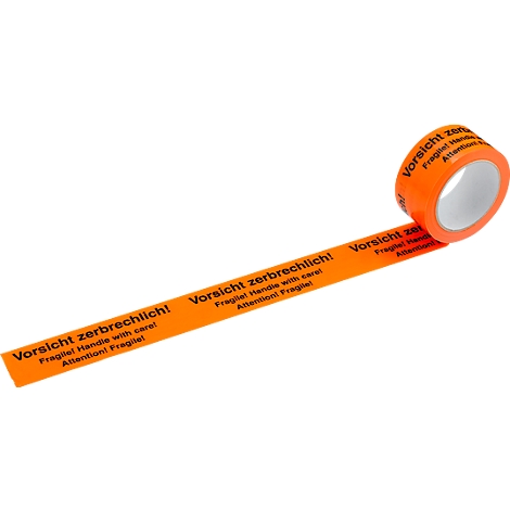 Orange tape with the words "Fragile! Handle with care!".