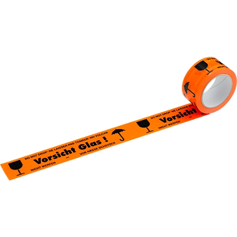 Orange tape with warnings: "Handle with care - Fragile" with glass and umbrella symbols.