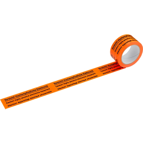 An orange roll of tape with the warning "Caution highly sensitive electronics equipment".