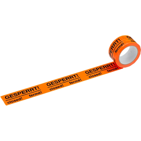Orange barrier tape with black text: GESPERRT!, closed!, fermé!.