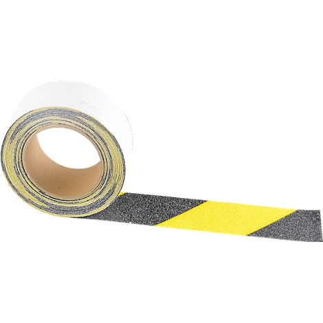 Rolled anti-slip tape roll. Black and yellow stripes. On a white background.