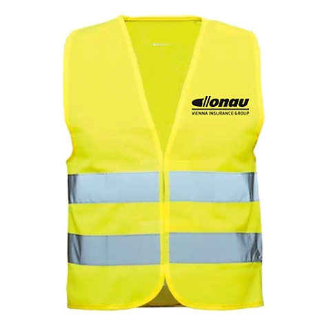 Gelbe Warnweste mit Reflexstreifen. Auf der Brust Logo der Allonau Vienna Insurance Group.