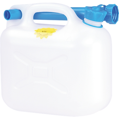 Weisser Kunststoff-Wasserkanister mit blauem Auslaufrohr und gelbem UV-Schutz-Aufkleber vor weissem Hintergrund.
