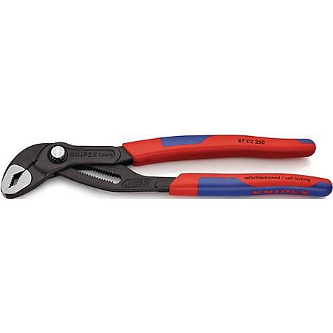 Rohrzange mit rot-blauen Griffen, Marke KNIPEX. Auf Griffen steht die Produktnummer.