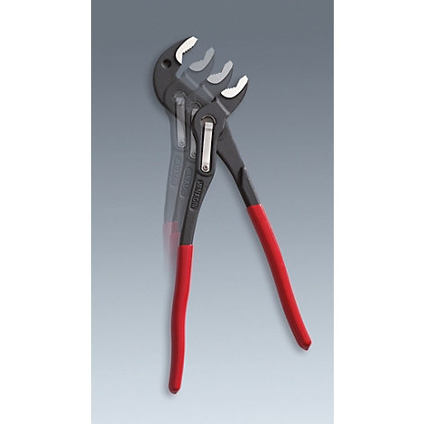 Eine verstellbare Wasserpumpenzange mit schwarzen Backen, rotem Griff und mehreren offenen Positionen.