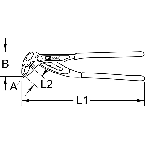 Zeichnung einer Wasserpumpenzange mit Bemaßungen A, B, L1 und L2.