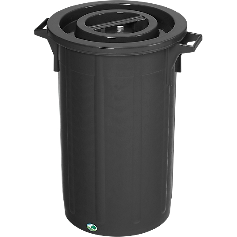 Grey trash can with lid and side handles. There is a round opening on the lid.