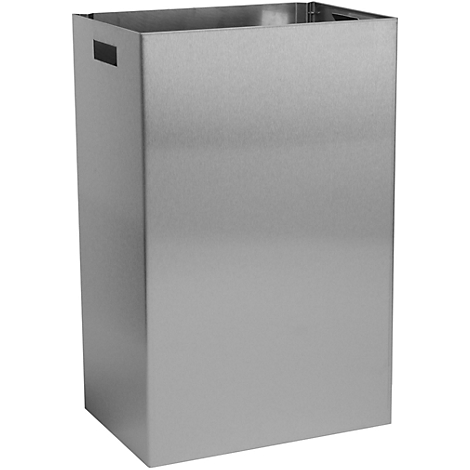 A rectangular metal trash can with handles on the sides.
