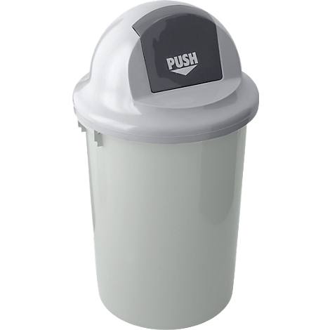 White trash can with push lid, marked 'PUSH'.