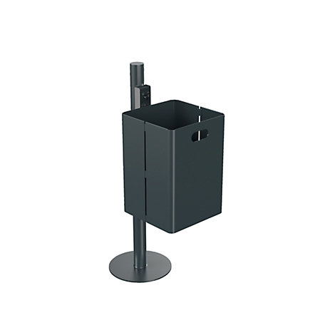 Grey trash can with a square shape, on a stand with a round foot. Handles on the side.