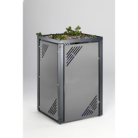 Grey rectangular planter with green plant growth and angled ventilation slots.