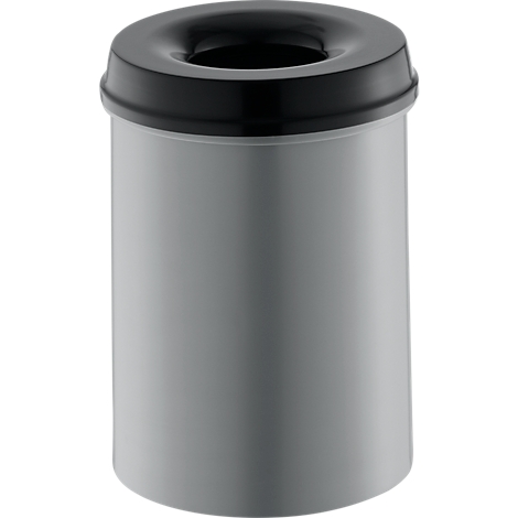 Gray trash can with black lid. Top edge with a round opening, cylindrical at the bottom.