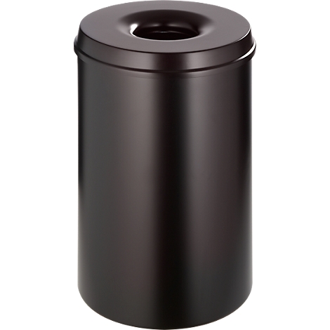 Black, cylindrical waste bin with opening on top.
