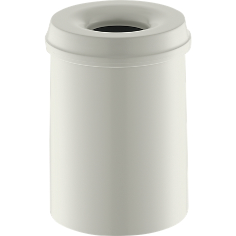 Light beige trash can with a cylindrical design and a lid with an opening.