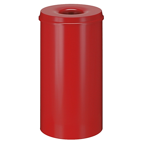 Red, cylindrical trash can with a hole at the top.