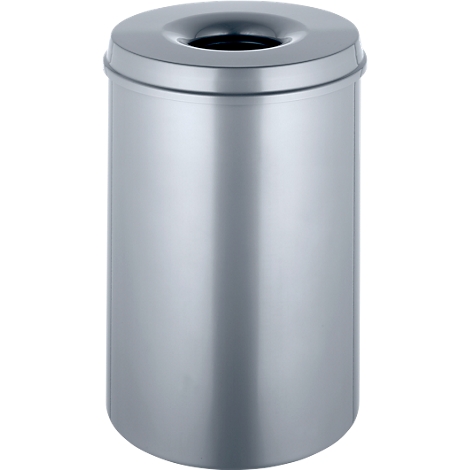 Cylindrical, silver-colored trash can with lid and hole.