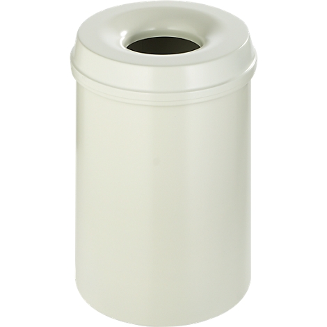 Cream-colored trash can with an opening at the top.