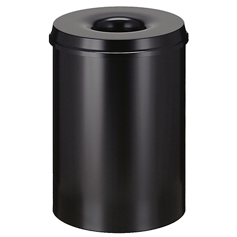 Black trash can with a round lid and a hole for disposal.