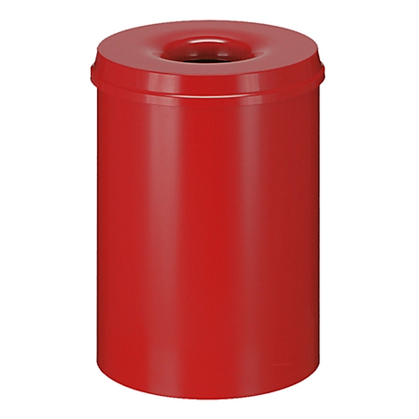 Red, cylindrical trash can with a round opening at the top.