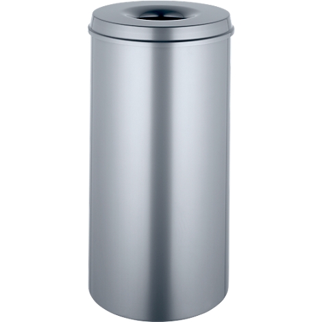 Cylindrical, silver trash can with lid and slot.