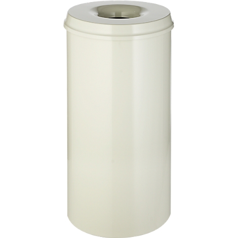 Beige trash can, cylindrical shape with a round lid and opening.