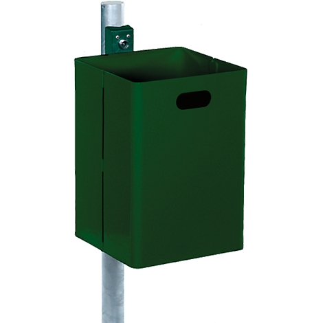 Green waste bin on silver post, rectangular with handle recess. Top a lid and a small button.
