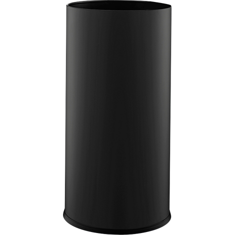 Black cylindrical trash can. Tall, straight sides. Slightly rounded at the base and top.