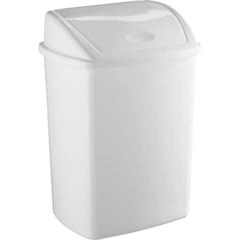 White swing-top trash can, rectangular. Lid with recessed handle.