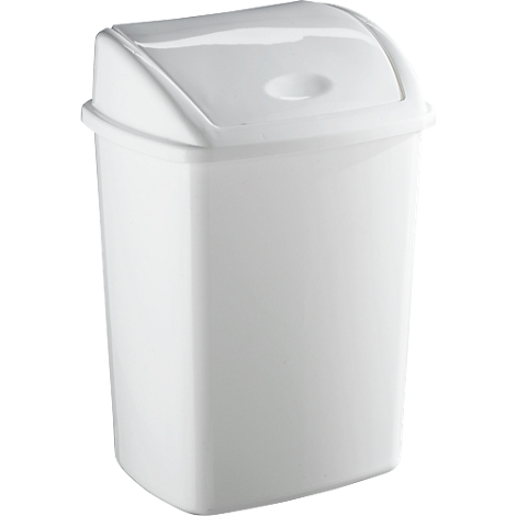 White trash can with swing lid, plastic.