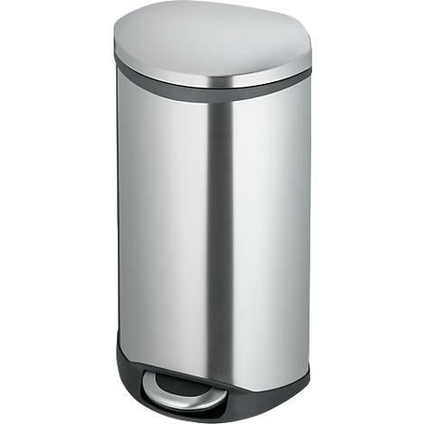 Stainless steel step trash can with oval lid, step and black base.