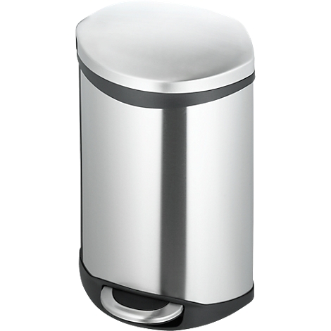 A silver trash can with a black base and lid. A pedal to open.