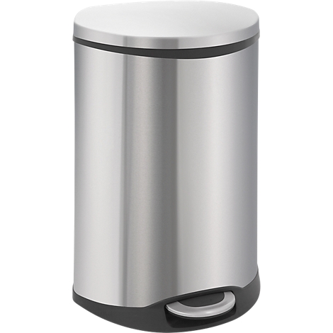 Stainless steel trash can with lid and foot pedal. Cylindrical shape, silver color, black base and lid edge.