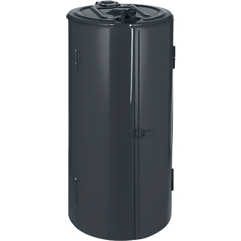 Gray trash container with lid. Vertical, rounded shape, two hinges and a closure.