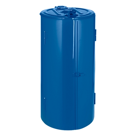 Blue, cylindrical plastic container. Lid and handle on top. A door with a lock is visible on the side.