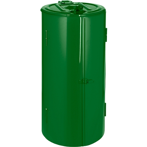 Green, cylindrical trash can with lid and two handles.