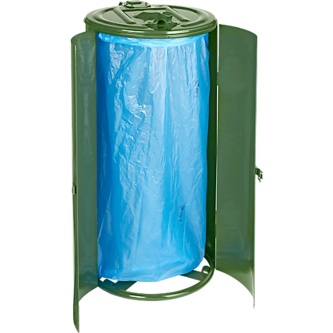 Green trash can with open doors, filled with a blue trash bag.