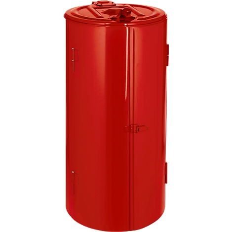 Red cylindrical container with lid, two handles and small doors.
