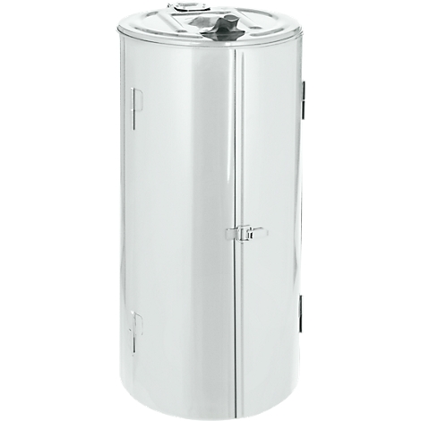 Cylindrical metal container with lid and flap. Shiny surface, details in the form of hinges and a handle.