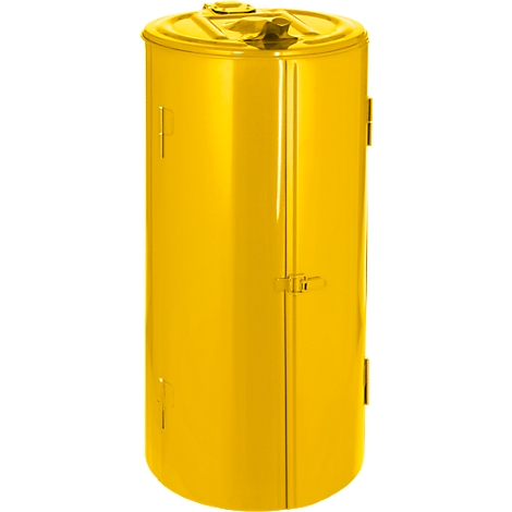 Yellow, cylindrical drum with lid and handle. Two doors are attached to the sides.