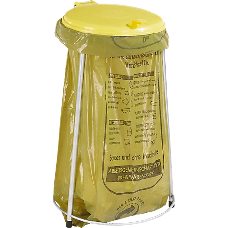 Yellow trash bag in metal frame with yellow lid. Inscription on the bag.