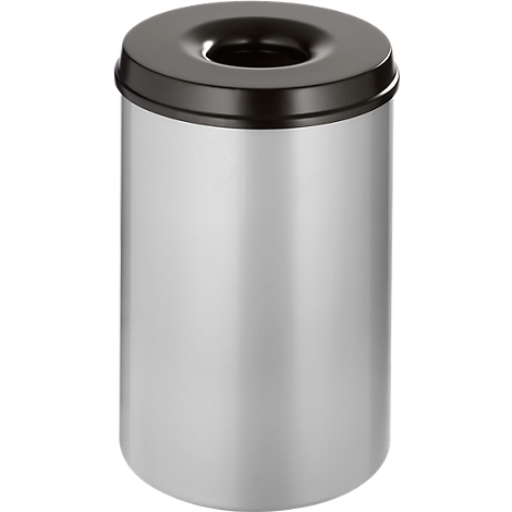 Cylindrical trash can, silver body, black lid with hole.