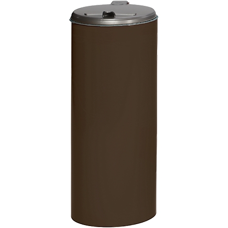 Brown, cylindrical trash can with a silver lid.