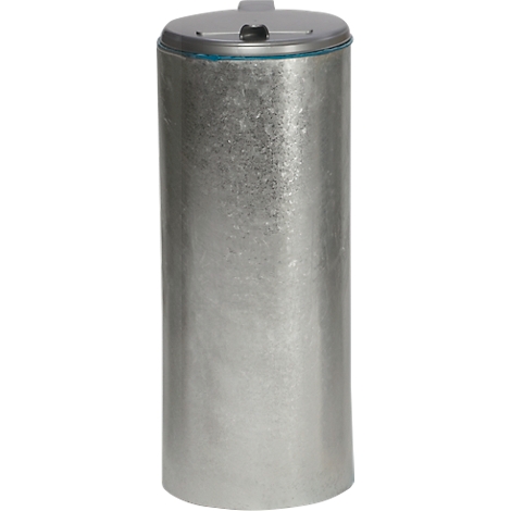Cylindrical metal trash can with a lid. Gray, slightly textured surface and a gray lid with a black flap.