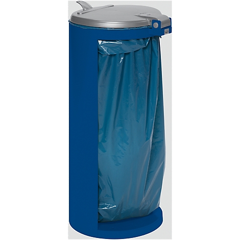 Blue and silver waste bin with a blue garbage bag. The lid is open, a silver handle protrudes.