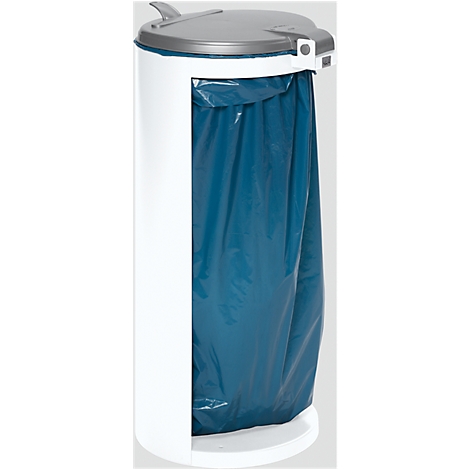 White trash can with blue trash bag. The lid and top part are gray.
