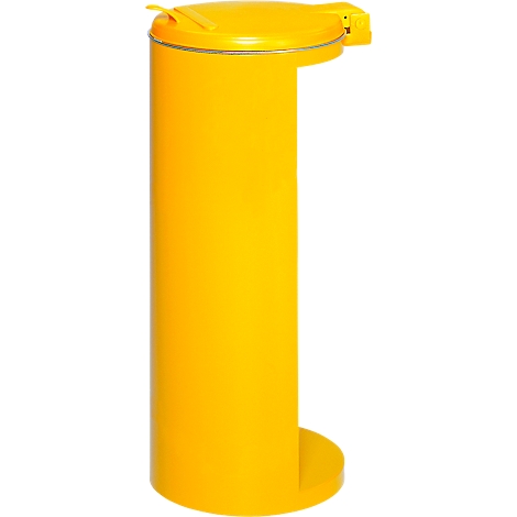 Yellow, cylindrical trash can with a lid and a footrest.