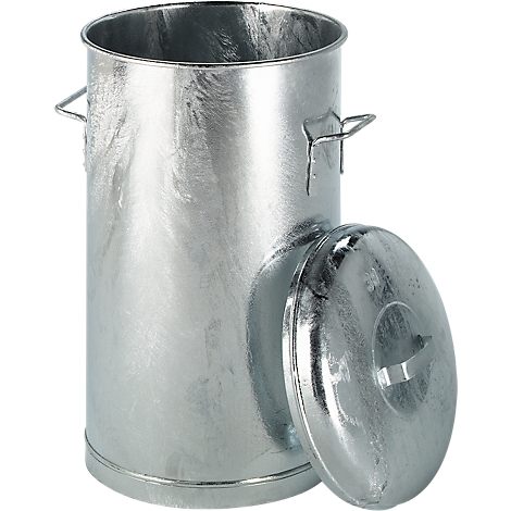 A metallic, cylindrical trash can with lid. Handles on the sides.