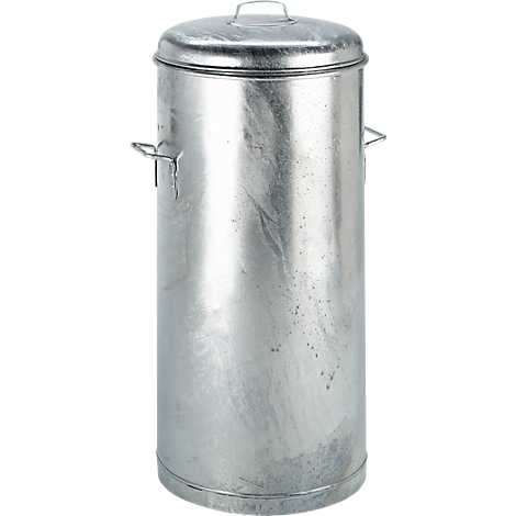 A gray, cylindrical metal trash can with a lid and handles. The lid has a small handle. The surface is slightly uneven.