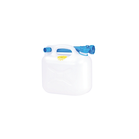 White canister with blue handle and spout, yellow label.