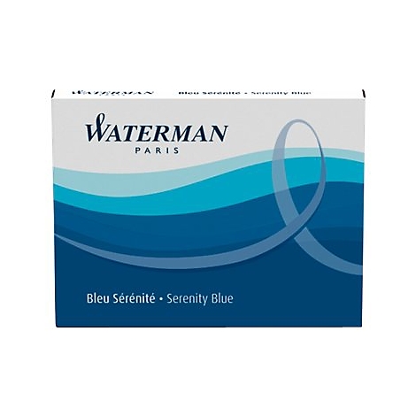 Eine blaue Stiftverpackung mit dem Logo WATERMAN PARIS. Darunter der Schriftzug Bleu SÃ©rÃ©nitÃ© â€¢ Serenity Blue.